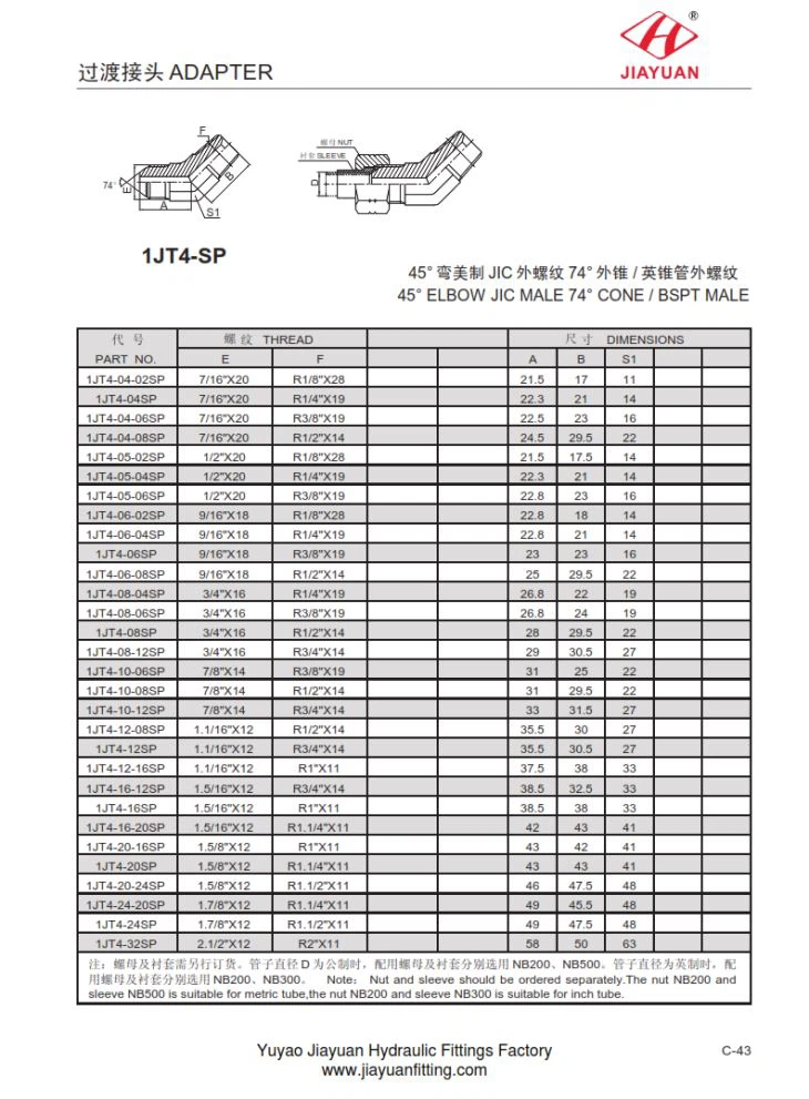 45E 수 JIC BSPT 어댑터